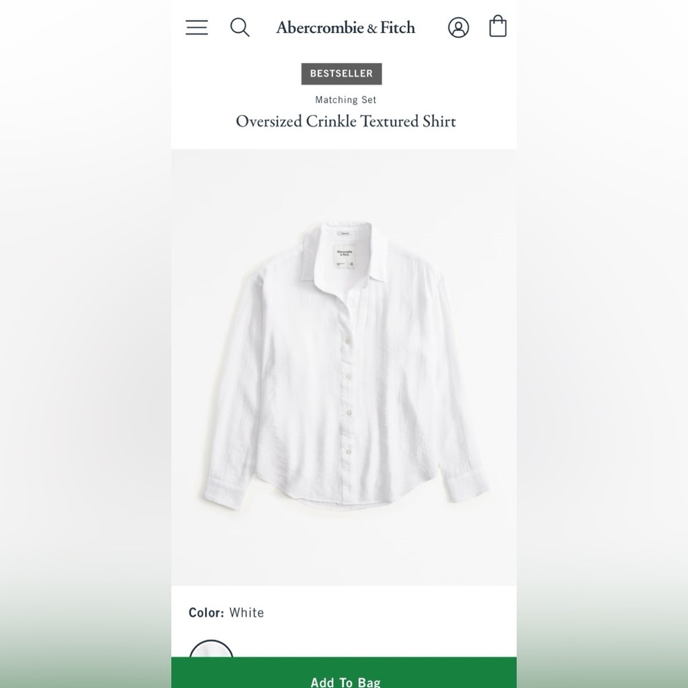Abercrombie & Fitch White Crinkle Textured Oversized Button-Down Shirt